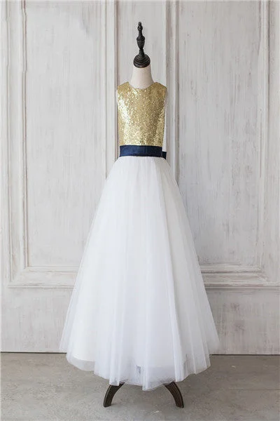 Gold Sequins A Line Lond Flower Girl Dress with Bow Shimmer Sequin Dress