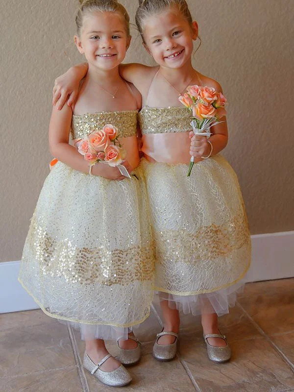 Gold Sequins Halter Flower Girl Dress with Sash Sequin Cocktail Gown