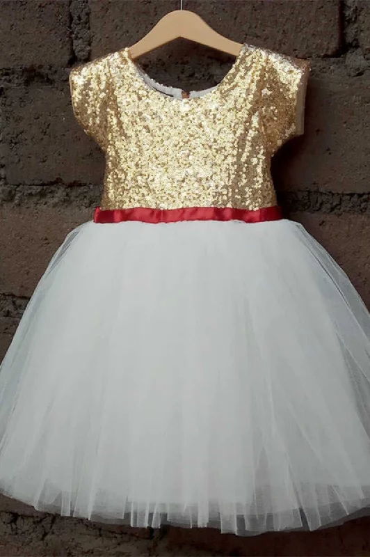 Gold & White Sequins Tie Back Flower Girl Dress Sequin Dress Glam