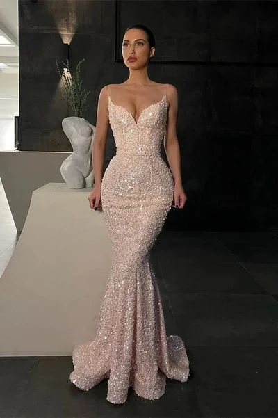 Gorgeous Spaghetti-Straps Sequins Prom Dress Mermaid Sleeveless Y88 Glamorous Sequin Dress