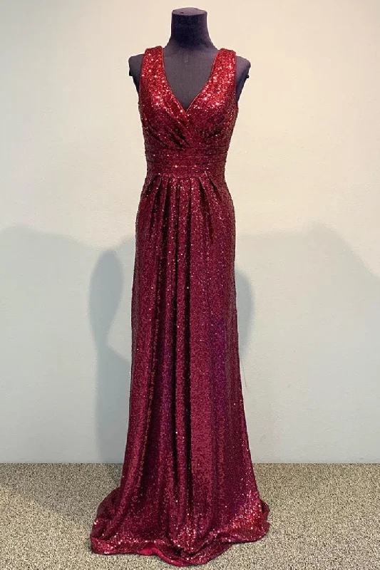 Gorgeous V Neck Burgundy Sequin Long Bridesmaid Dress Sequin Dress Sparkle