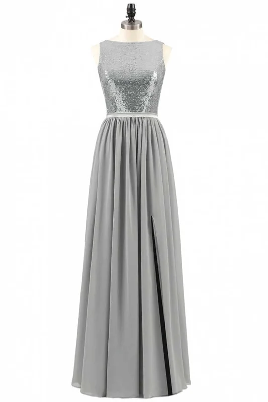 Grey Sequin Bateau Neck Backless A-Line Long Bridesmaid Dress Sequin Dress Sparkle