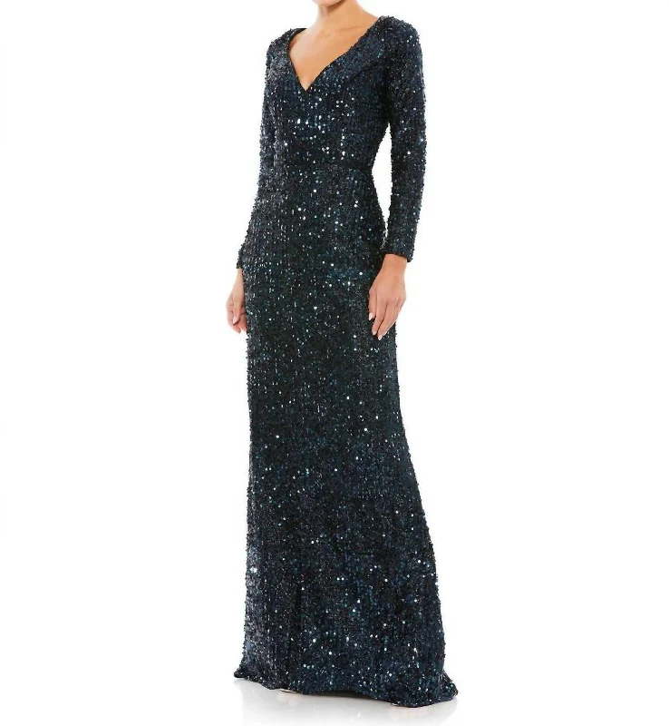 Long Sleeve Sequined Gown In Midnight Flirty Sequin Dress