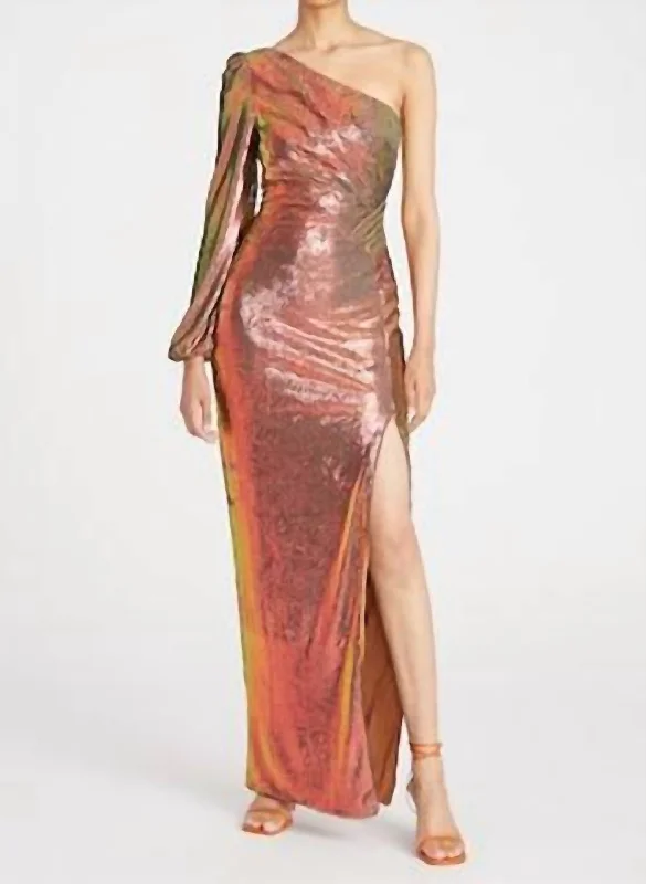 Myra One Shoulder Sequin Gown In Iridescent Persimmon Sequin Dress Fit