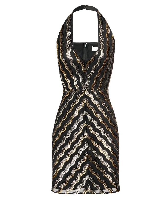 Nidya Halter Dress In Black/gold Wavy Sequin Sequin Shift Dress