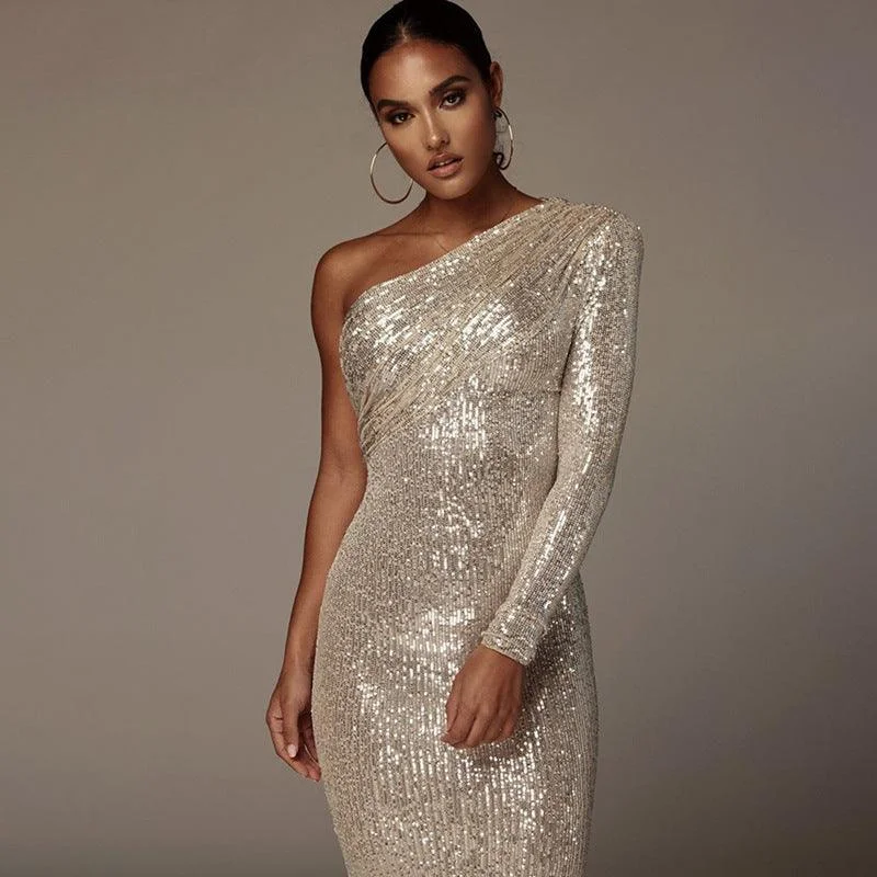 One-Shoulder Strapless Waist Sequined Shiny Catwalk Stage Dress Sequin Lace Dress