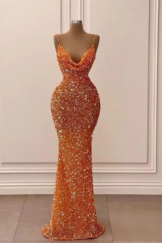 Orange V-Neck Mermaid Spaghetti-Straps Long Prom Dress With Sequins Y21 Sequin Dress Style