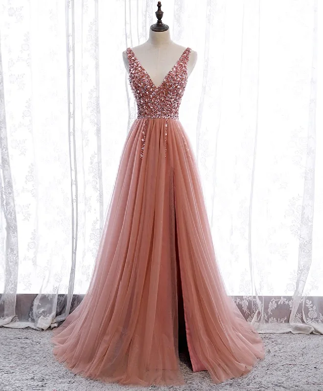 Pink V Neck Tulle Sequin Long Prom Dress Pink Formal Dress Y95 Bright Sequin Dress