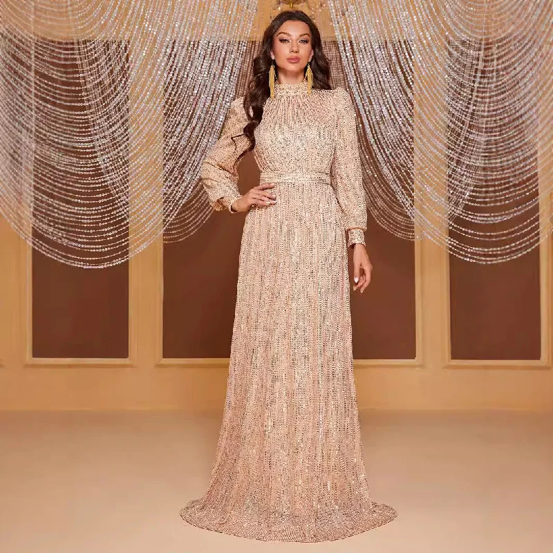 Pure Color Sequins Long Sleeve Stand Collar Evening Long Dress Simple And Elegant Pink Sequin Gown