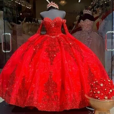 Red Organza Sweet 16 Quinceanera Dresses Sequins Applique Beaded Sweetheart Ball Gown S26634 Plus Size Sequin