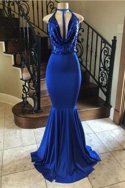 Royal Blue Sequin Bodice V-Neck Halter Long Mermaid Prom Dresses Y160 Sequin Dress Party