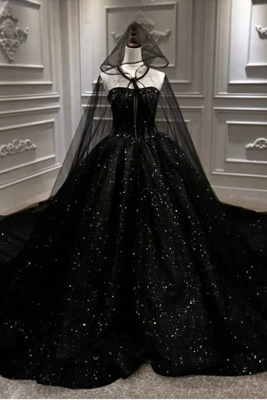 Sequin Shiny Strapless Black Ball Gown Princess Prom Dresses Y56 Sequin Gown Party