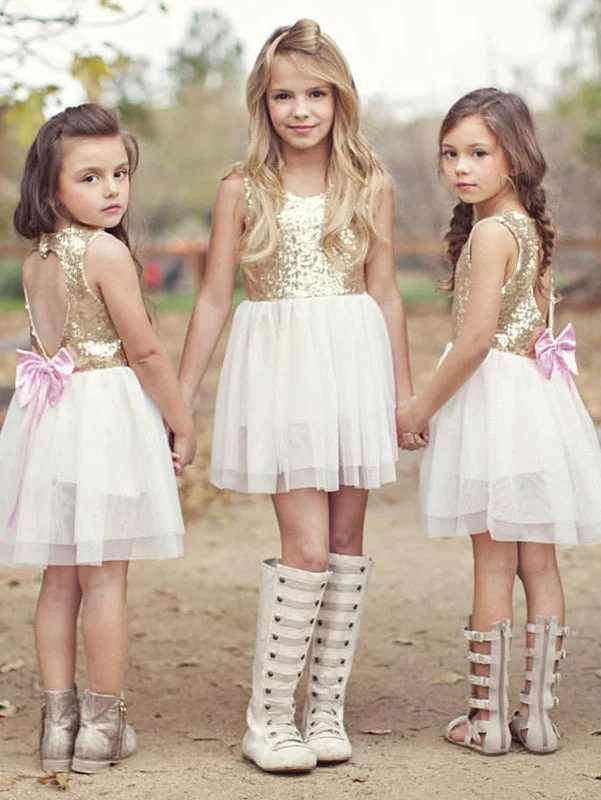 Sequins Short Ivory Flower Girl Dress with Pink Bow Stylish Sequin Dress