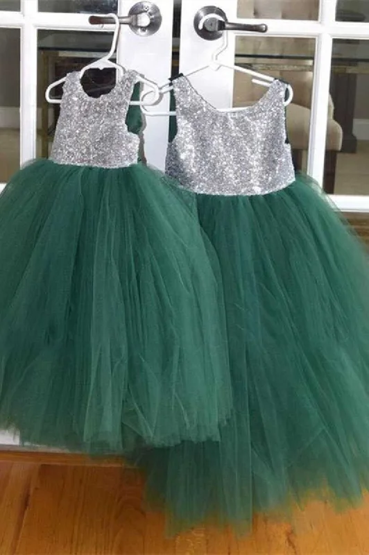 Silver & Green Sequins Sleeveless Flower Girl Dress Sleek Sequin Dress