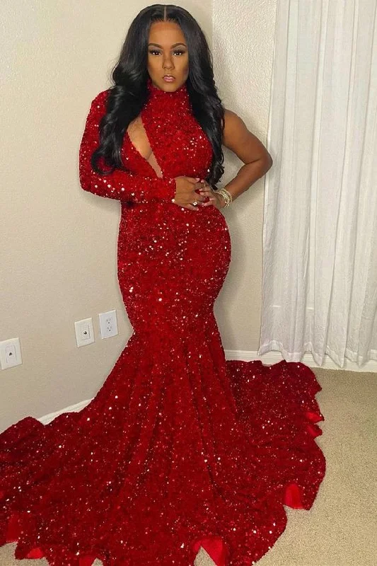 Sparkle Sequin Burgundy High neck Asymmetric Cut Mermaid Prom Dress Y156 Beautiful Sequin Dress