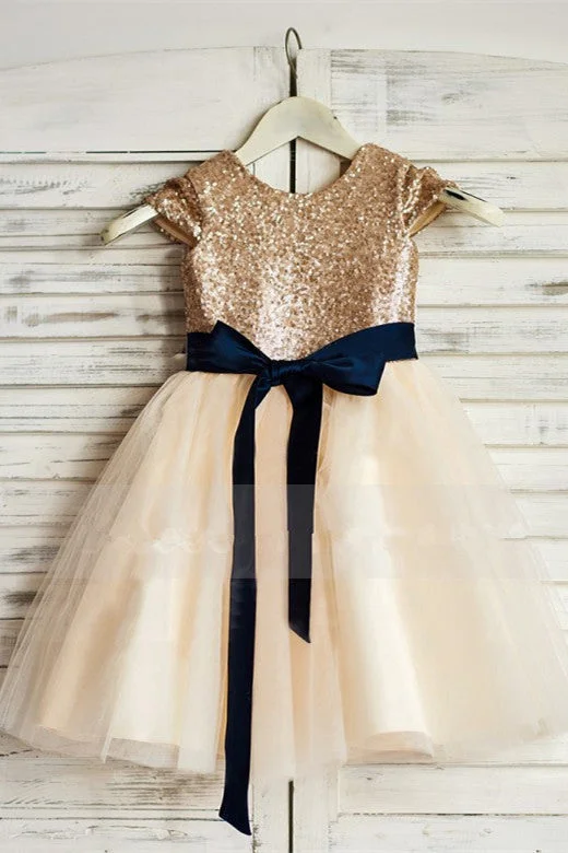 Sparkly Gold Sequins Flower Girl Dress with Navy Blue Sash Pink Sequin Gown