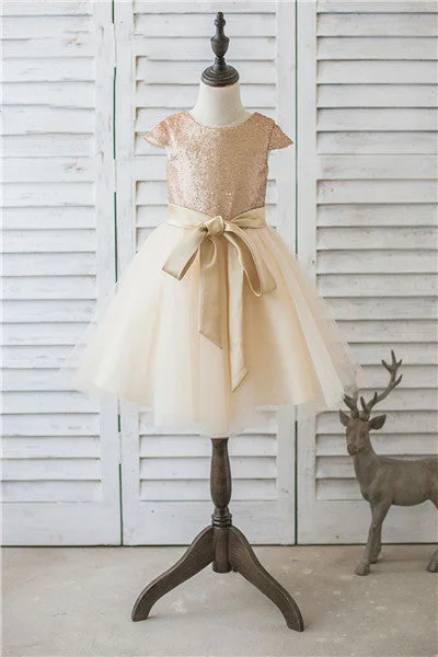 Sparkly Gold Sequins Flower Girl Dress with Sash Sparkling Sequin Dress