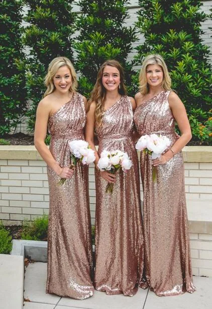 Sparkly One Shoulder Rose Gold Sequins Bridesmaid Dress V-neck Sequin Dress