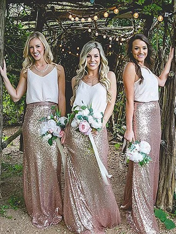 Two Piece Rose Gold Sequins Mermaid Long Bridesmaid Dress Floor-length Sequin Dress