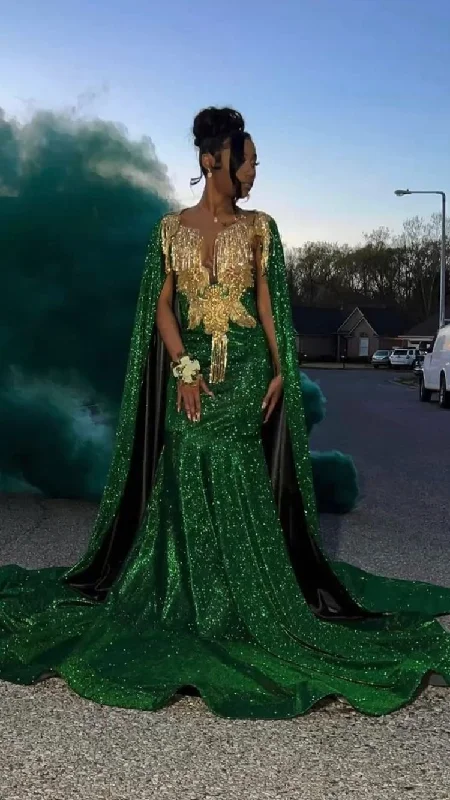 Unique Design Mermaid Green Sequins Prom Dress With Cape  Y116 Ruched Sequin Dress