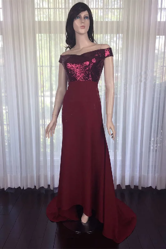 Wine Red Sequin Off-the-Shoulder Long Bridesmaid Dress Party Wear Sequin